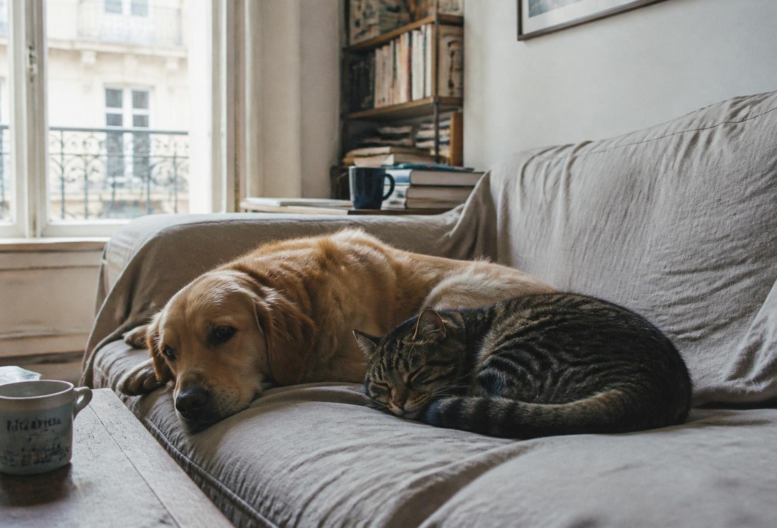 Un chien et un chat détendus dans un intérieur lumineux à Bordeaux